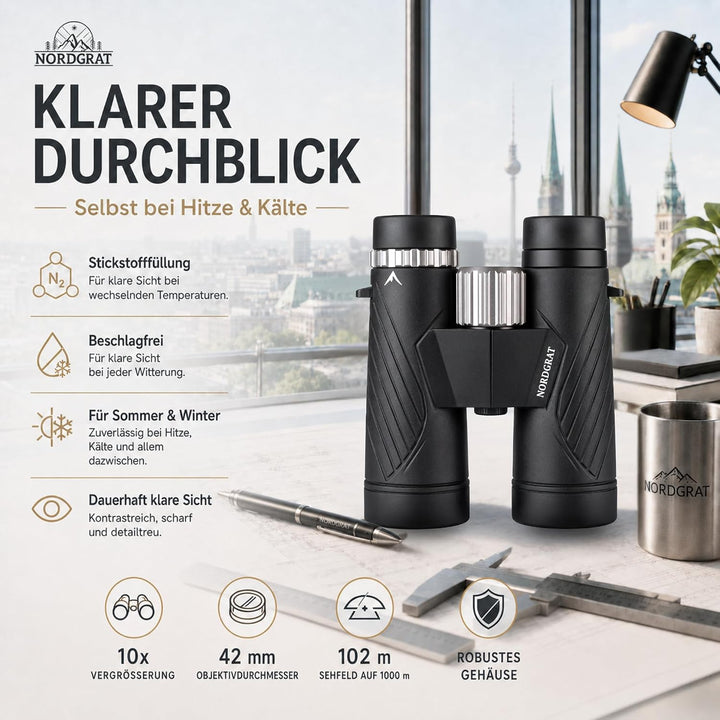 Fernglas 10x42 für Erwachsene – IPX7 wasserdicht, BAK-4-HD-Prisma, FMC-Linsen, phasenkorrigiert, für