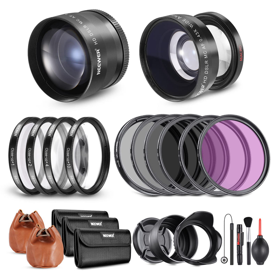 NEEWER 58mm Objektiv und ND Filter Set Weitwinkel/2,2 Fach Teleobjektiv für 18mm 85mm APS C Objektiv