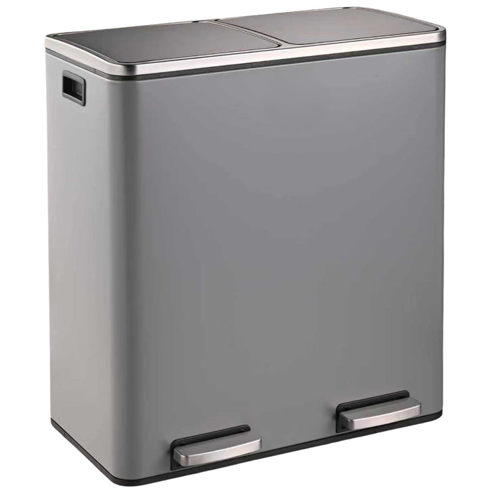 Floordirekt Mülleimer Küche 2×30L Grau | 2-Fach Mülltrennung, Treteimer Küche, Metall, Soft-Close, l