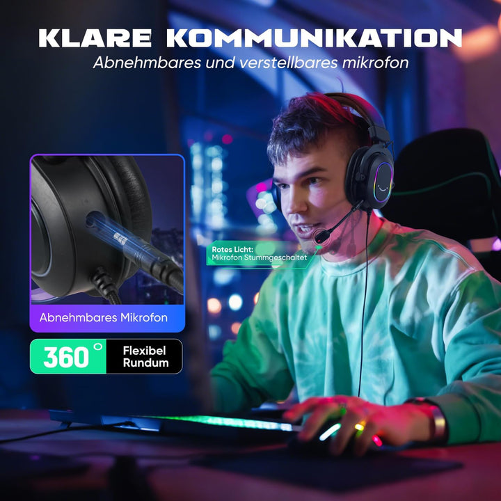 Fifine Gaming Headset mit Mikrofon, Over Ear Kopfhörer mit Kabel, USB Headset für PC PS4 PS5, RGB He
