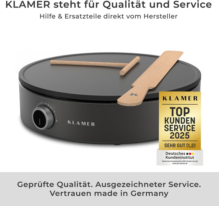 KLAMER Crepes Maker, Grosse Backfläche mit 33cm Ø, antihaftbeschichtete Platte, inkl. Teigverteiler