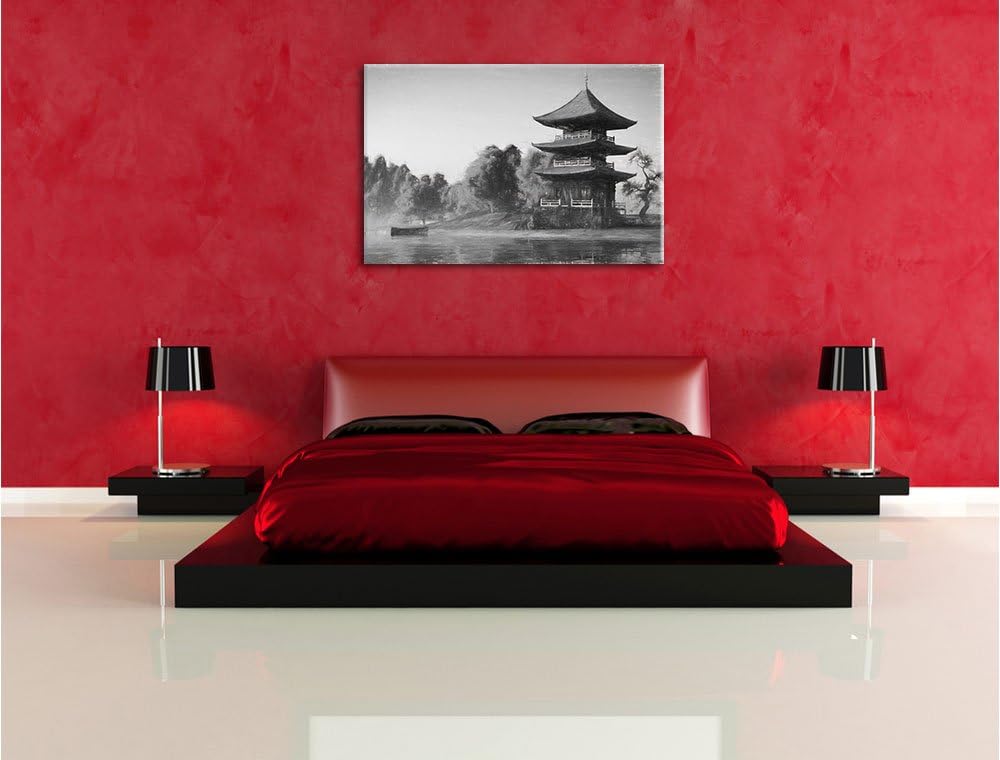 Pixxprint asiatischer Tempel an See als Leinwandbild/Grösse: 100x70 cm/Wandbild/Kunstdruck/fertig be