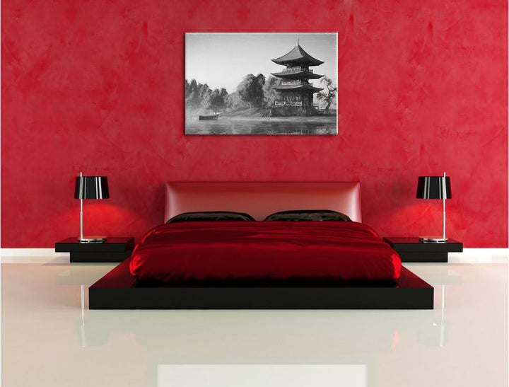 Pixxprint asiatischer Tempel an See als Leinwandbild/Grösse: 100x70 cm/Wandbild/Kunstdruck/fertig be