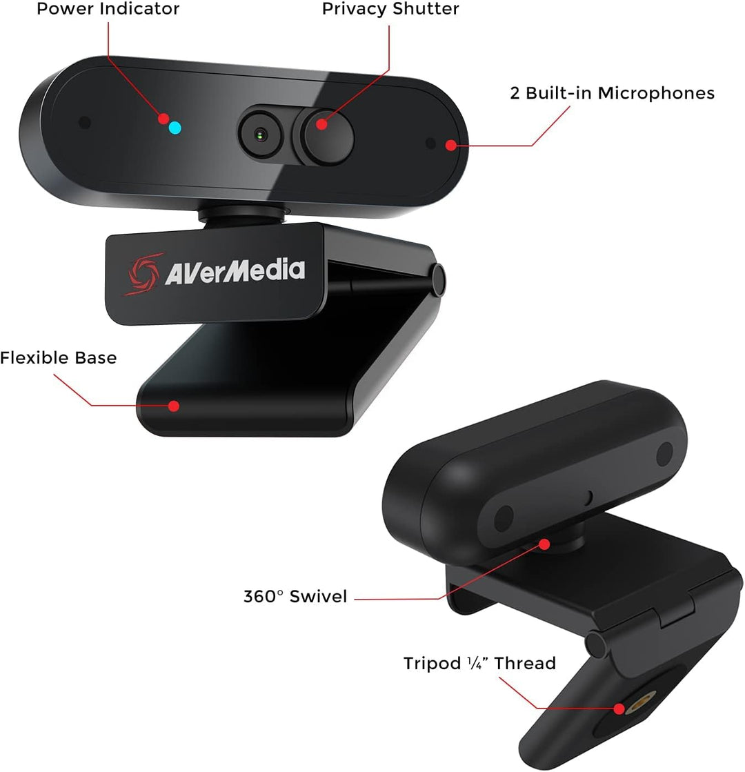 AVerMedia PW310P Webcam, Webcam Cover, 1080p / 30fps Video Chat und Aufnahme, Plug & Play, Mikrofone