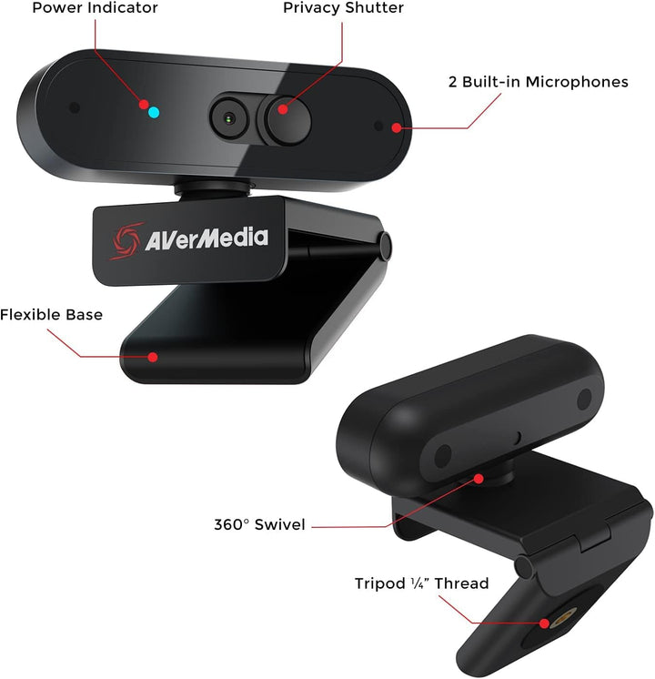 AVerMedia PW310P Webcam, Webcam Cover, 1080p / 30fps Video Chat und Aufnahme, Plug & Play, Mikrofone