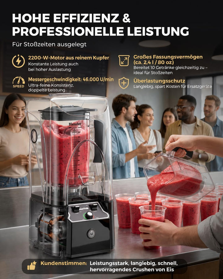 WantJoin Kommerzieller Mixer mit Schallschutzhaube 2.2L Leise Professioneller Smoothiemaker 2200W Ho