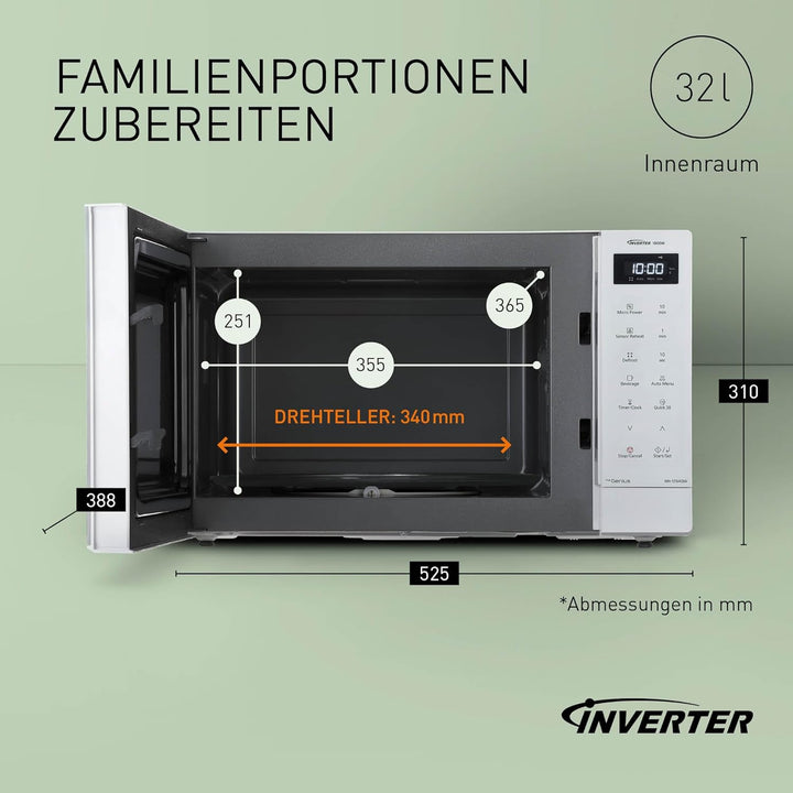 Panasonic NN-ST64QWEPG 32L Inverter Solo Mikrowelle, 1000 Watt Leistung, 20 Automatikprogramme, Quic
