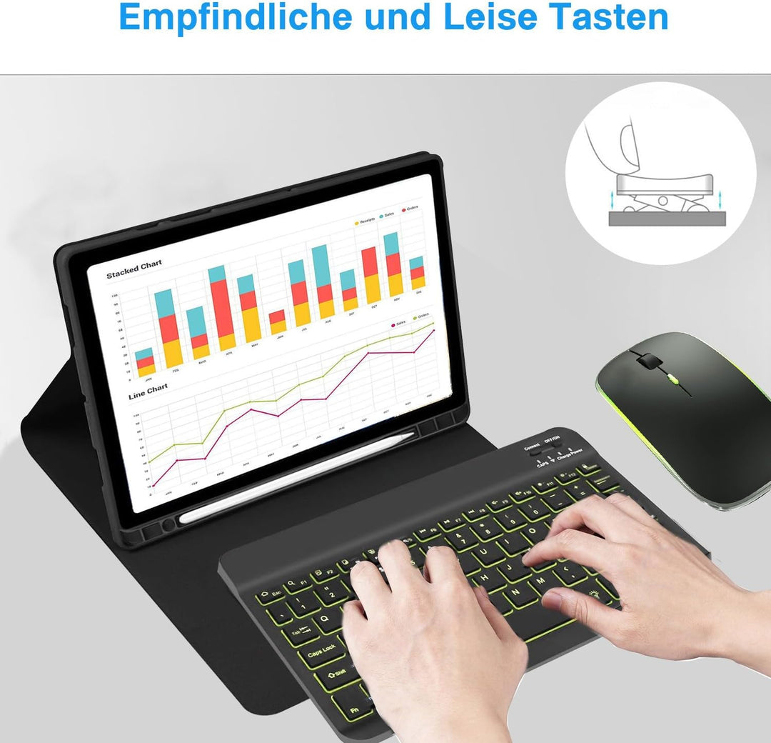 Kabellose Bluetooth Tastatur & Maus mit Elefonhalter, Ultraflache drahtlose Tastatur (Deutsches QWER