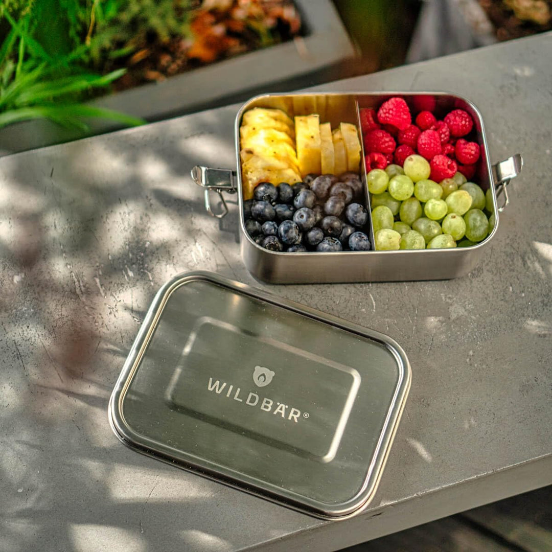 WILDBÄR – Premium Edelstahl Brotdose. BPA& plastikfreie Lunchbox mit flexibler Abtrennung ist auslau