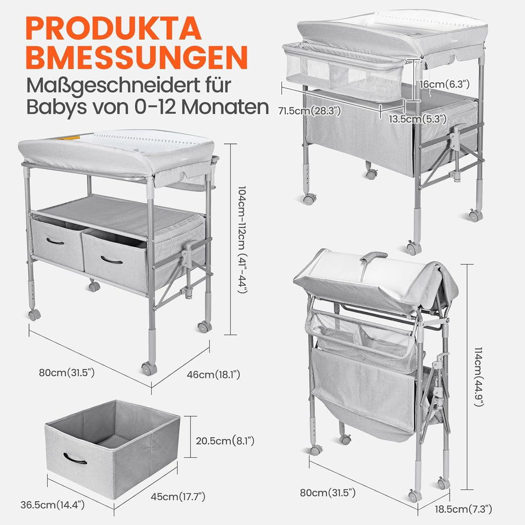 Orzbow Tragbarkeit Baby Wickelkommode mit Schubladen und Nachtlicht, Höhenverstellbare Mobiler Baby