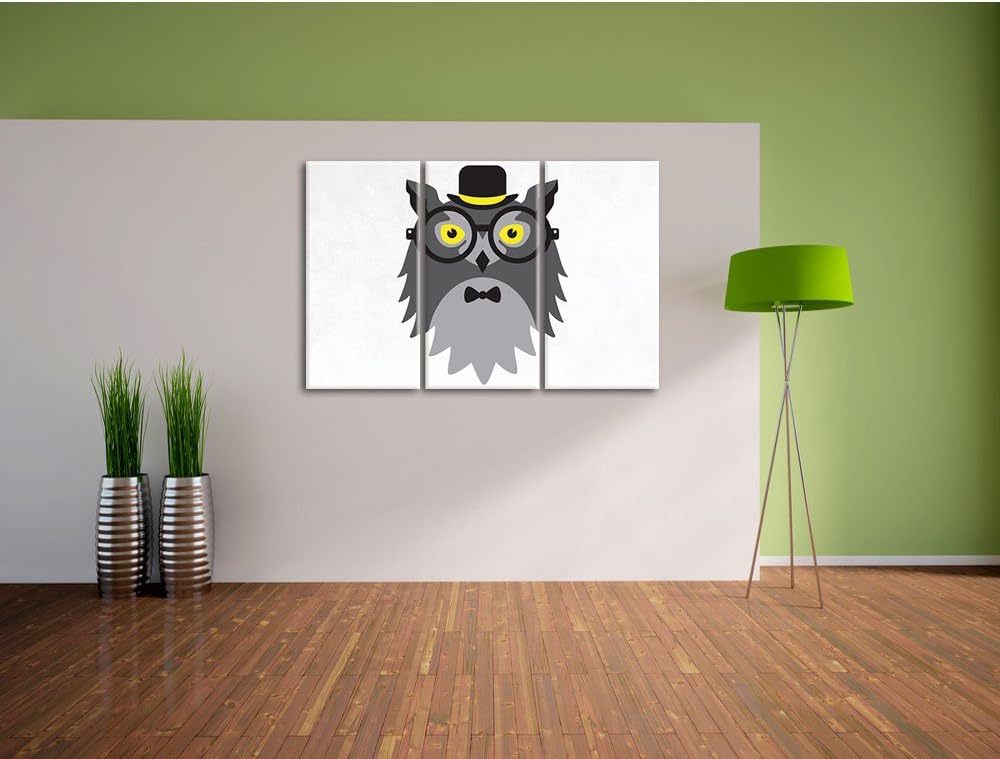 Pixxprint Hipster Eule / 3-Teilig/Gesamtmass 120cm Leinwandbild bespannt auf Holzrahmen/Wandbild Kun