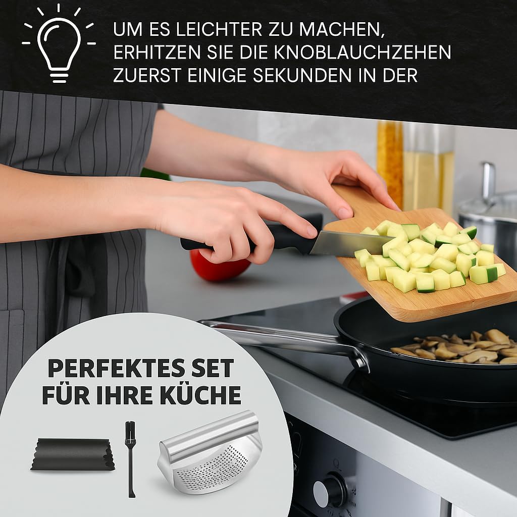 Knoblauchpresse Edelstahl 4-in-1 - Set Garlic Press & Knoblauchschneider mit Silikon-Schäler + Finge