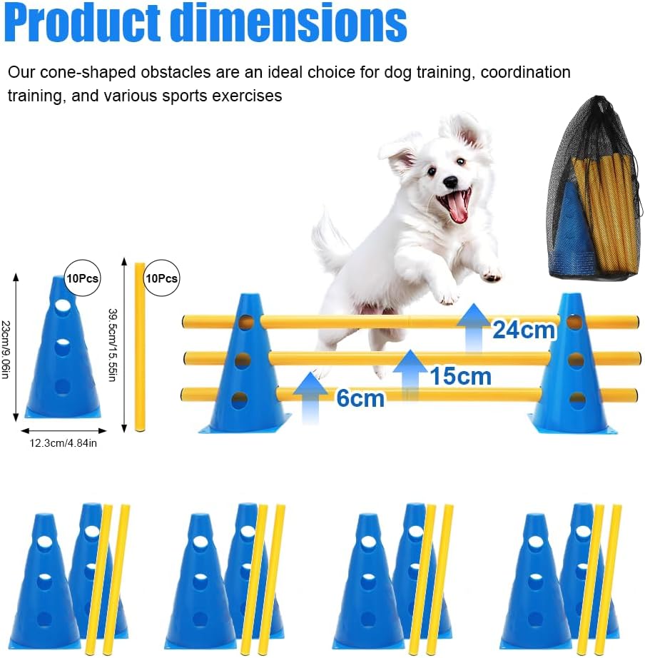 RANJIMA Agility Set Hunde Klein, 5er Sports Steckhürdenset mit 10 Kegel 23cm & 5 Stangen 80cm, Caval