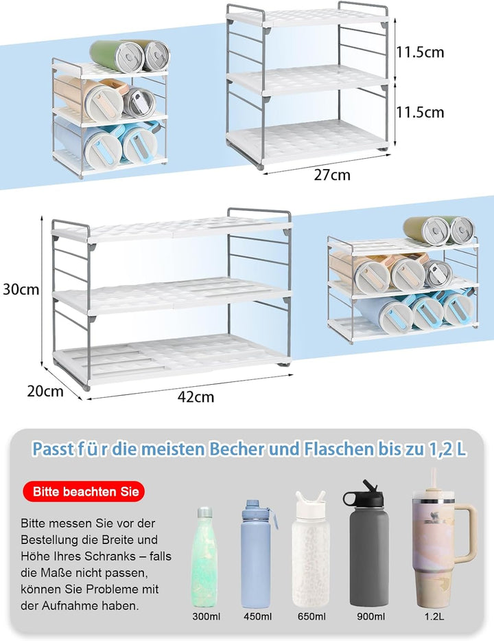 JUPELI 3-Schicht Flaschenregal Verstellbar Flaschenhalter Küche Kühlschrank | Für 1.2L Thermoskannen