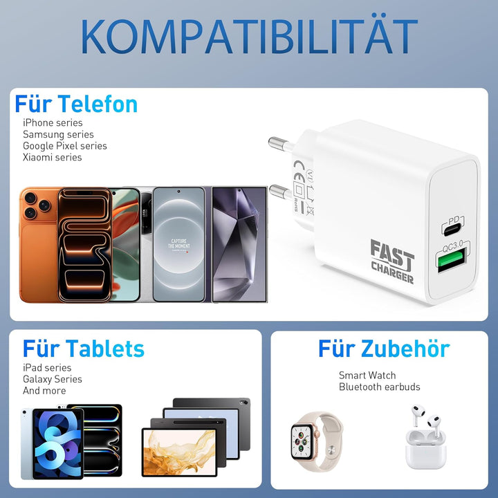 40W 2-Port USB C Ladegerät Ladekabel für iPhone 17/Pro Max Air, iPhone 16/16e/15 Plus, iPad Pro/Air,