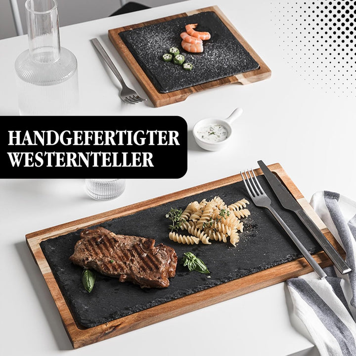Schieferplatte Servierplatte, Für Steak und Grill Geschirr, Käsebrett aus Akazien-Holz und Natürlich