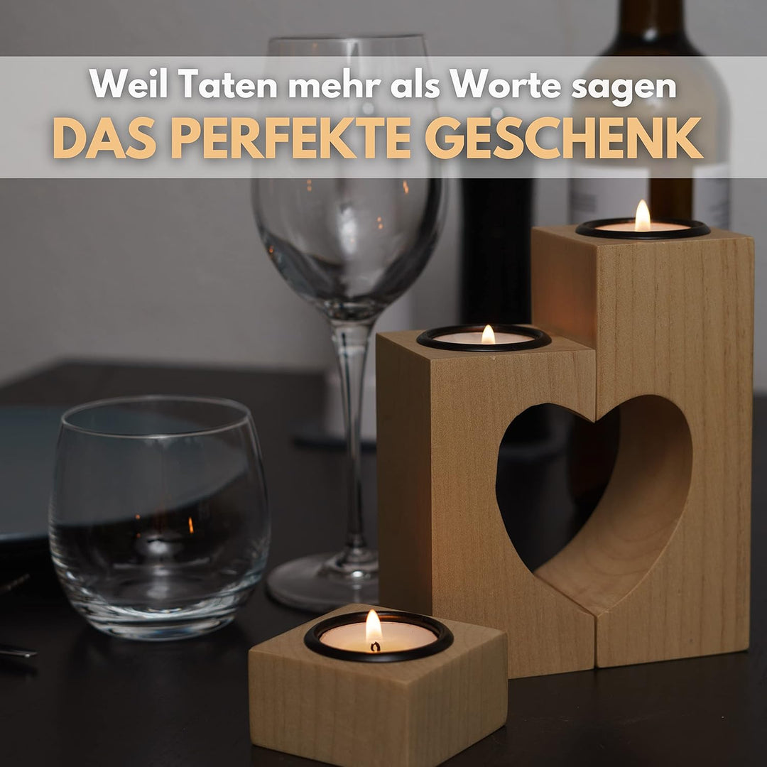 Plogis Herz Teelichthalter aus Holz -Set aus 3 Dekorativen Kerzenständern | Herz Deko & Romantische