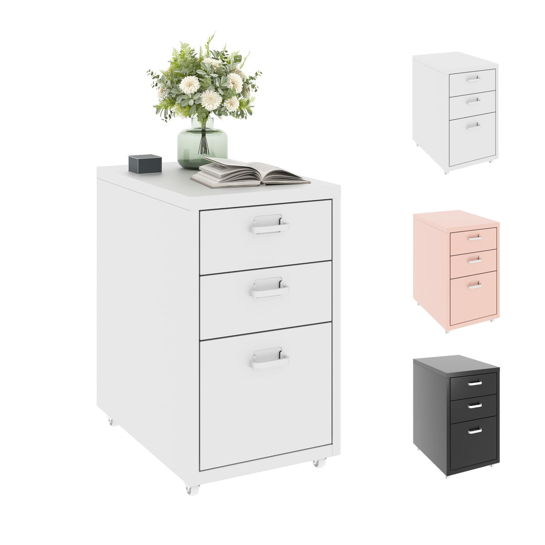 FLEXISPOT Rollcontainer Büroschrank mit 3 Schubladen, Aktenschrank Metallschrank Kommode mit Rädern,