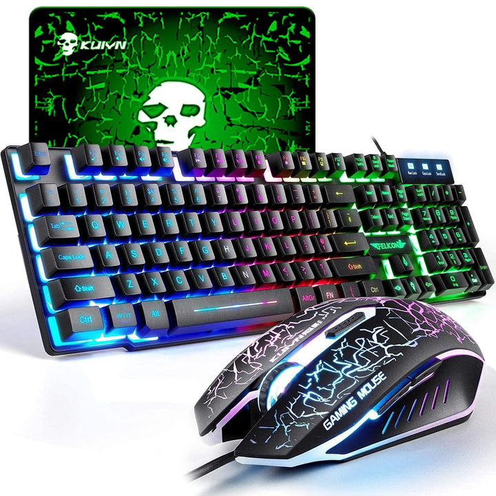 UK Layout Gaming-Tastatur und -Maus Sets Rainbow Backlit Ergonomische USB-Gaming-Tastatur 2400 DPI 6