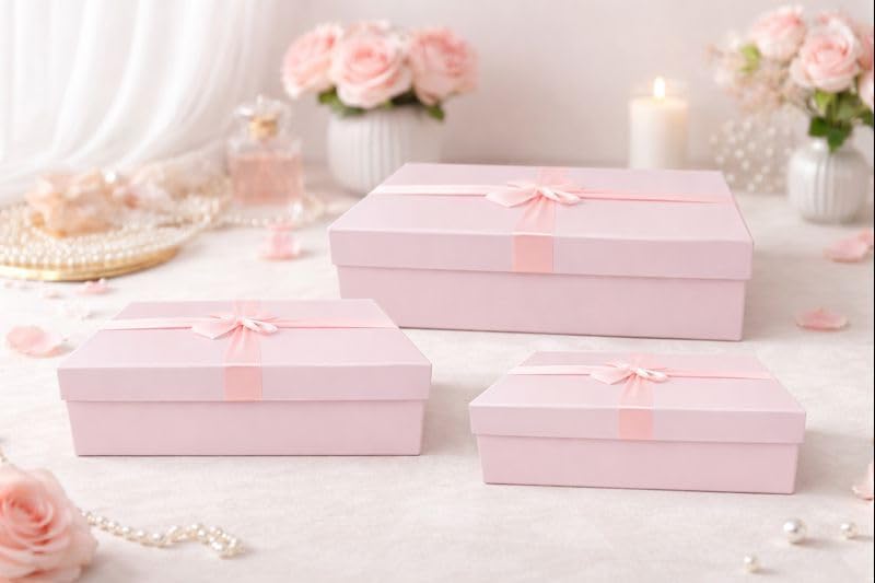 Emartbuy 3er Set starre Geschenkboxen, Babyrosa Box mit Deckel, innen braun und Satinband, 3er-Set –
