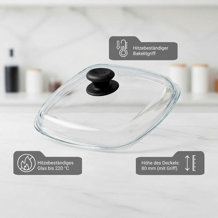 BIOL Quadratische Grillpfanne aus Gusseisen 26×26 cm – Für Induktion, Backofen & Grill (mit Glasdeck