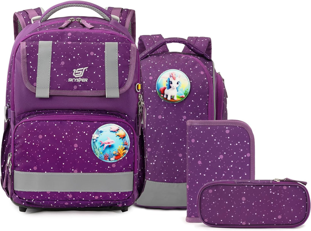 SKYSPER Schulranzen-Set 5-teilig, Schulrucksack Ergonomischer Tragesystem 16L Schulranzen mit 360° R