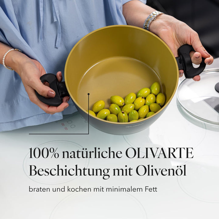 FLORINA AMVEGAN Aluminiumtopf 20 cm I 2,1L I Hohe Haltbarkeit I Glasdeckel I Olivenöl-Keramikbeschic