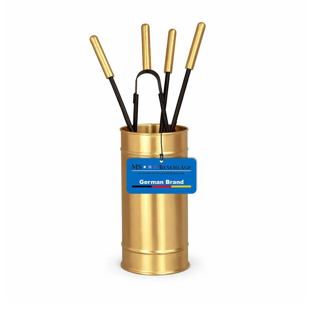 MS Beschläge Kaminbesteck Set 5-teilig Messing – Ofenbesteck modern mit geschlossenem Halter – Kamin