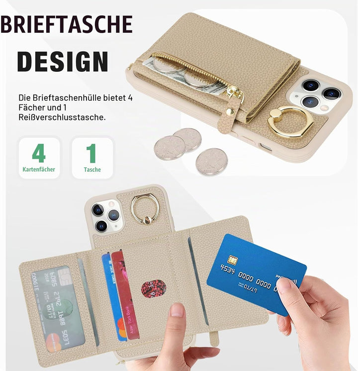 ELTEKER Handyhülle für iPhone 11 Pro Max Hülle mit Band Kartenfach Ringhalterung Geldbörse,Leder Kla