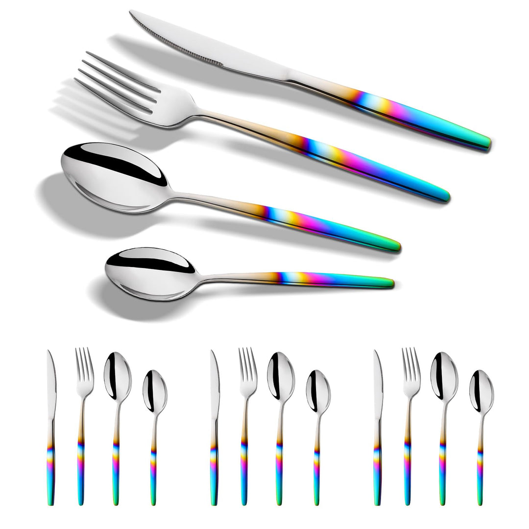 YDware Besteck Regenbogen Gradient, 16 Stück Besteck Set für Haus Küche Restaurant Gabeln Löffel Tee