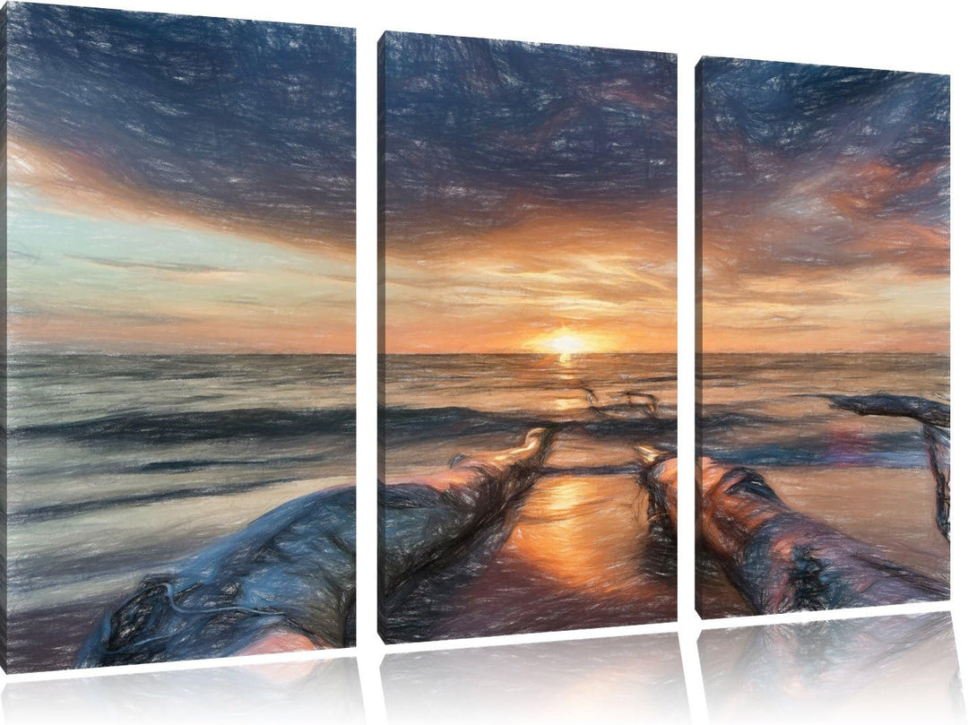 Pixxprint Strand als Leinwandbild | Grösse: 3 Teilig (120x80) | Wandbild| Kunstdruck | fertig bespan
