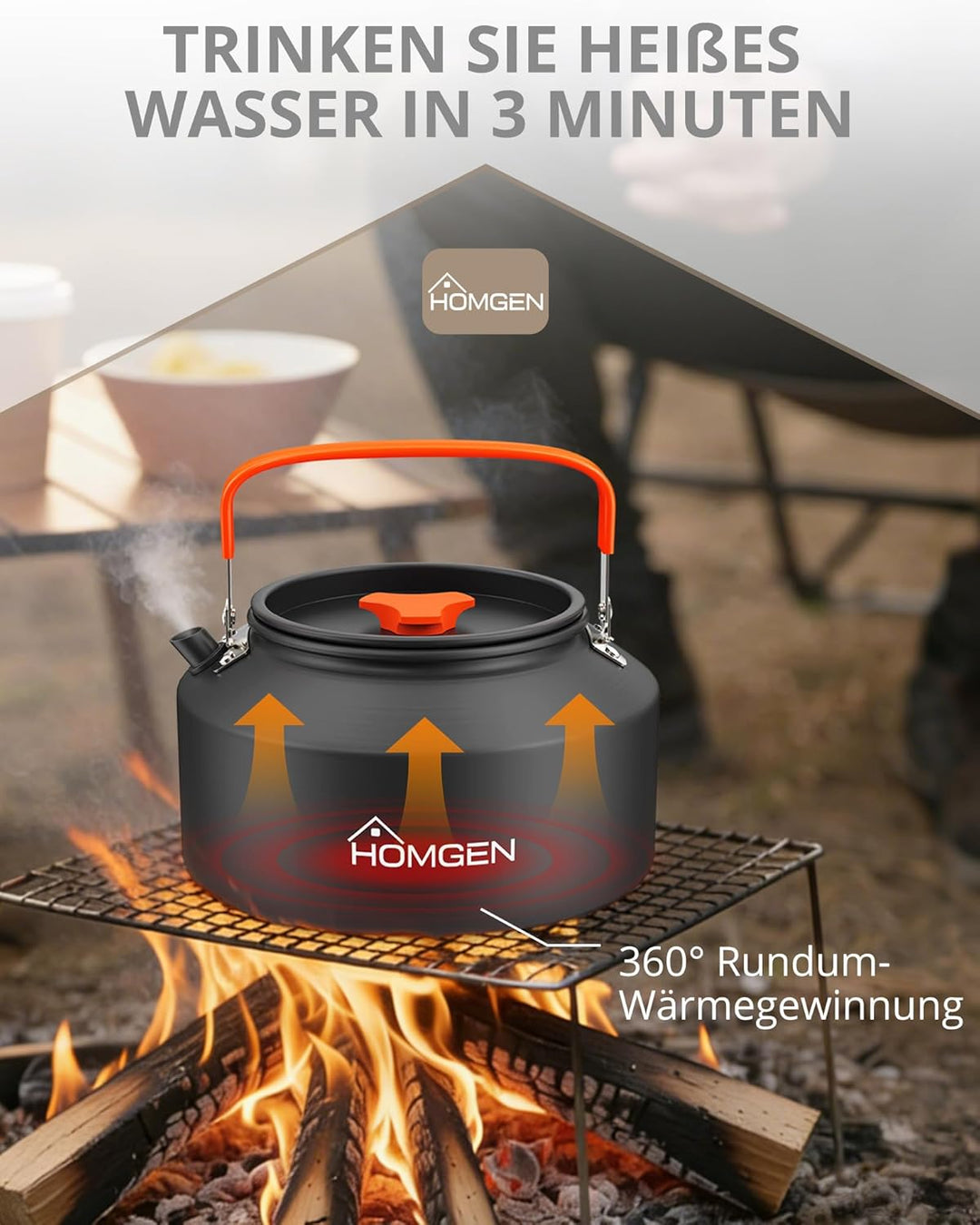 HOMGEN Camping-kessel 2 L tragbarer Campingkocher Aluminiumoxid-Wasserkocher Kochgeschirr mit Traget