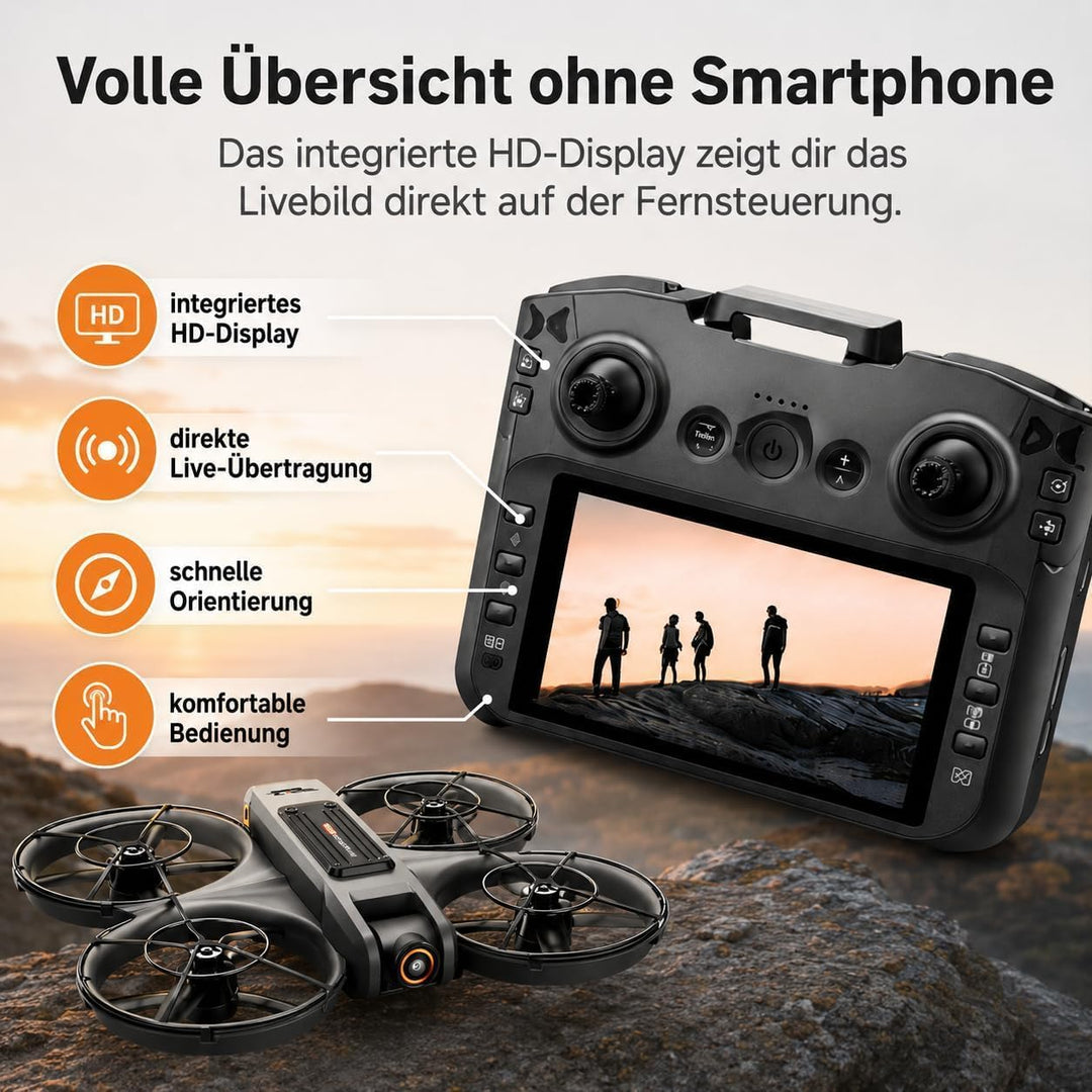 RC Drohne mit HD Dual Kamera, Display Fernbedienung, Brushless Motor, 90° Kamera, FPV Livebild, Opti