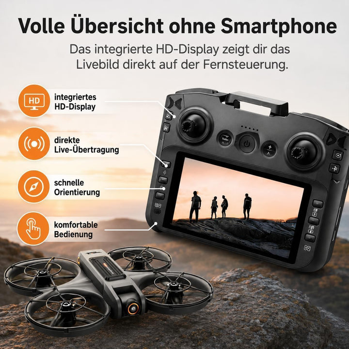 RC Drohne mit HD Dual Kamera, Display Fernbedienung, Brushless Motor, 90° Kamera, FPV Livebild, Opti