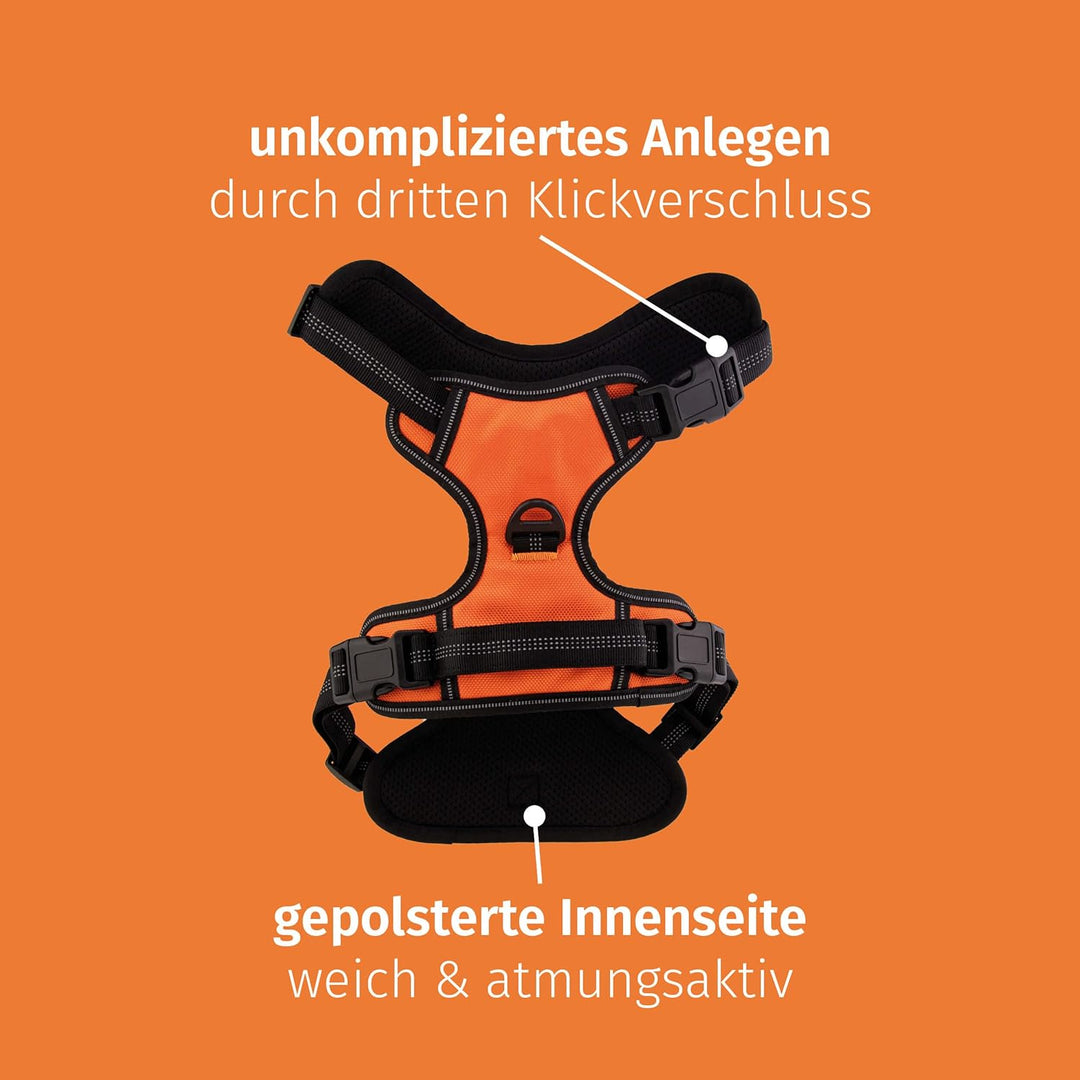 Floxik Hundegeschirr orange L | Anti Zug Brustgeschirr reflektierend & gepolstert mit Haltegriff für