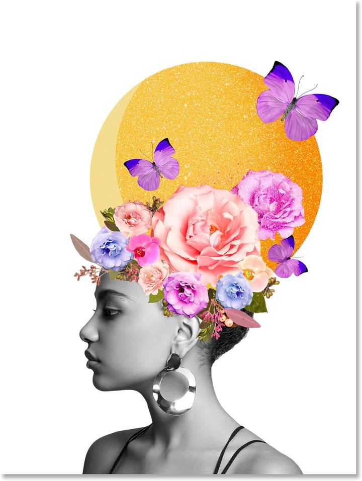 wandmotiv24 Leinwandbild Digital Art, 100x75cm, Hochformat, Frau, Blumen, Schmetterling, Deko, Bilde