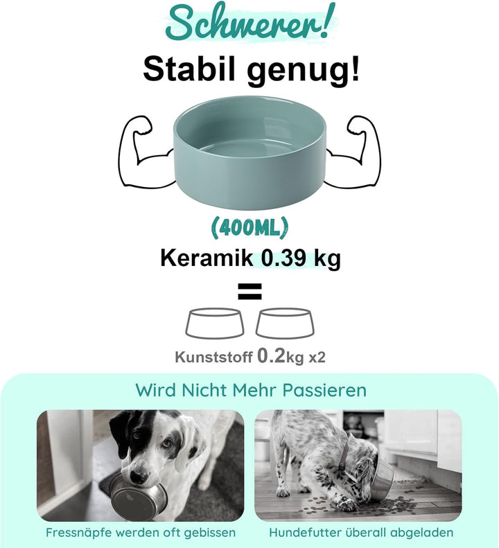 SPUNKYJUNKY Hundenapf Keramik Erhöhter Futternapf Set mit Bambus Ständer für Katzen und Hunde (400ml
