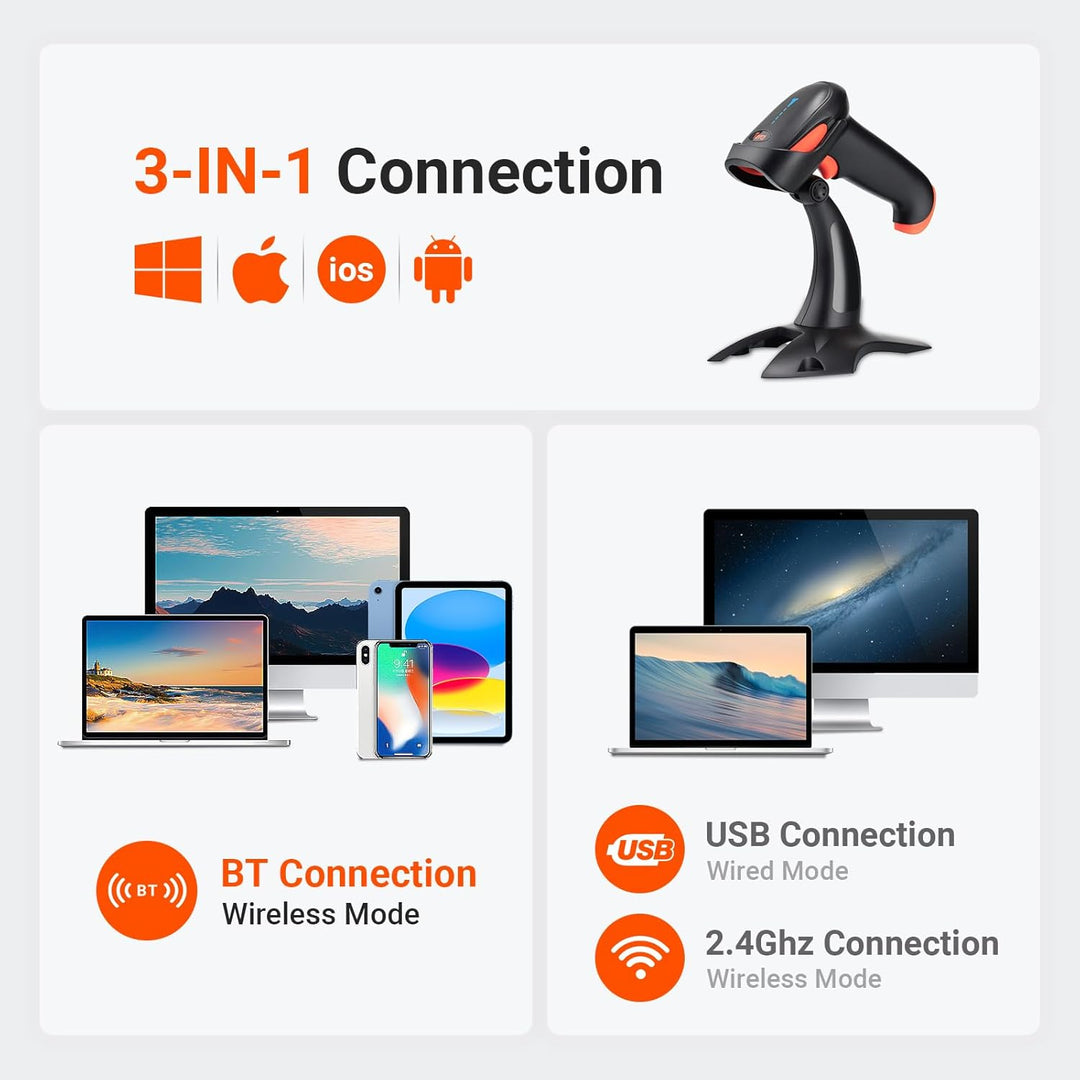 Tera Barcode Scanner 2D 1D 3 in 1 Barcodescanner Wireless 2.4 GHz/Bluetooth/USB Kabelgebunden Strich