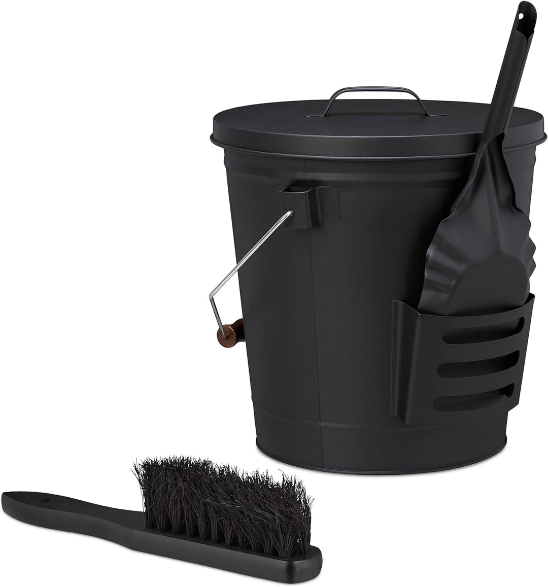 Relaxdays Ascheeimer mit Deckel und Kehrset, 19 L, inkl. Aschebesen & Kaminschaufel, Aschebehälter m