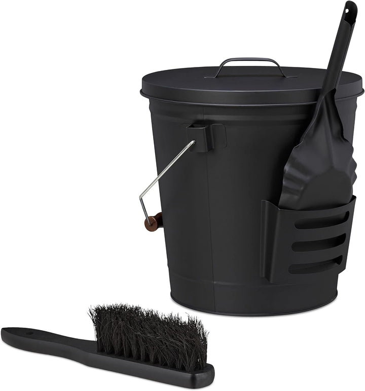 Relaxdays Ascheeimer mit Deckel und Kehrset, 19 L, inkl. Aschebesen & Kaminschaufel, Aschebehälter m
