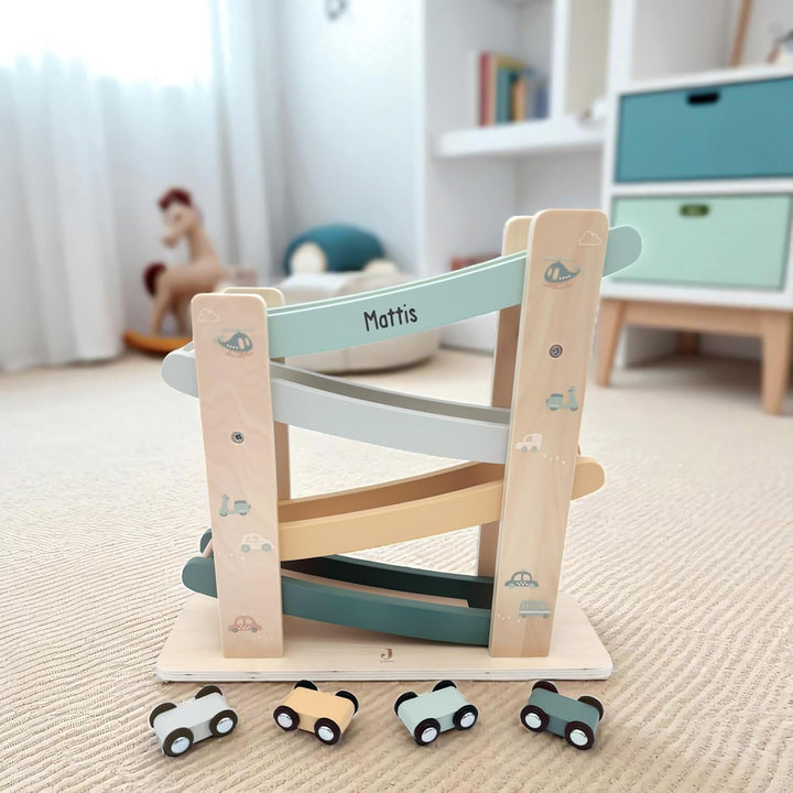 Kugelbahn Holz mit Autos personalisiert Holzspielzeug Baby Geschenk Babygeschenk Taufgeschenk für Mä