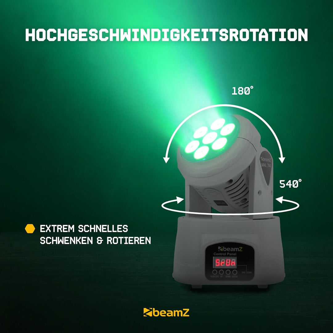 BEAMZ MHL74 Moving Head LED Disco Licht, mini Washer, RGBW Movinghead DMX, automatischer Modus, musi