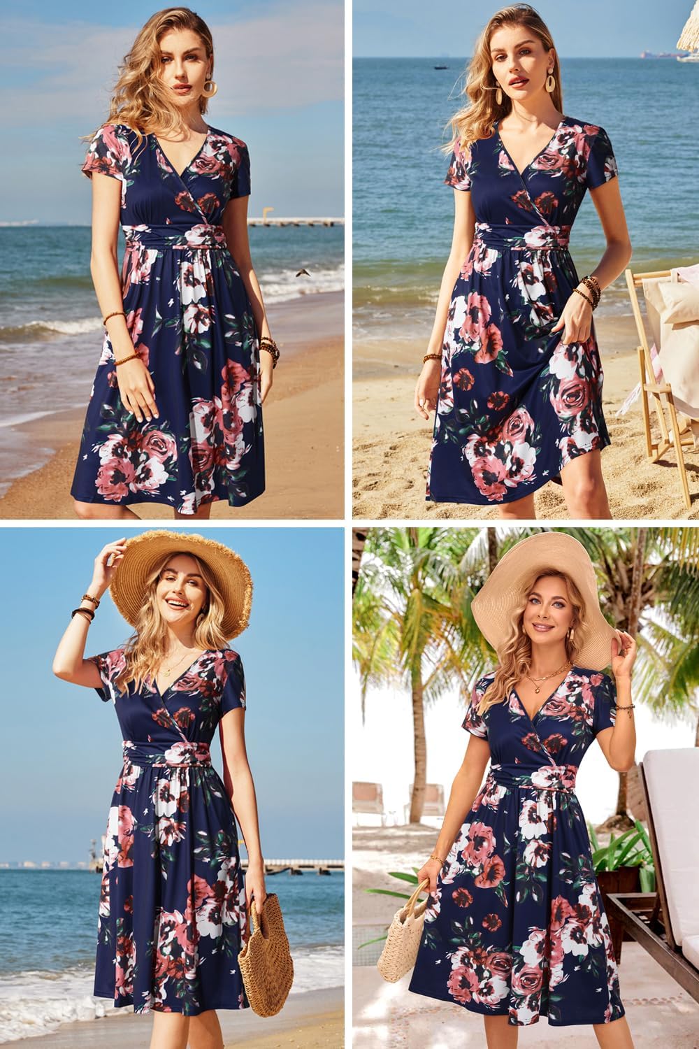 OUGES Kleid Damen Kurzarm/Langarm Sommer Herbstkleid V-Ausschnitt Casual Midi Freizeitkleid mit Tasc