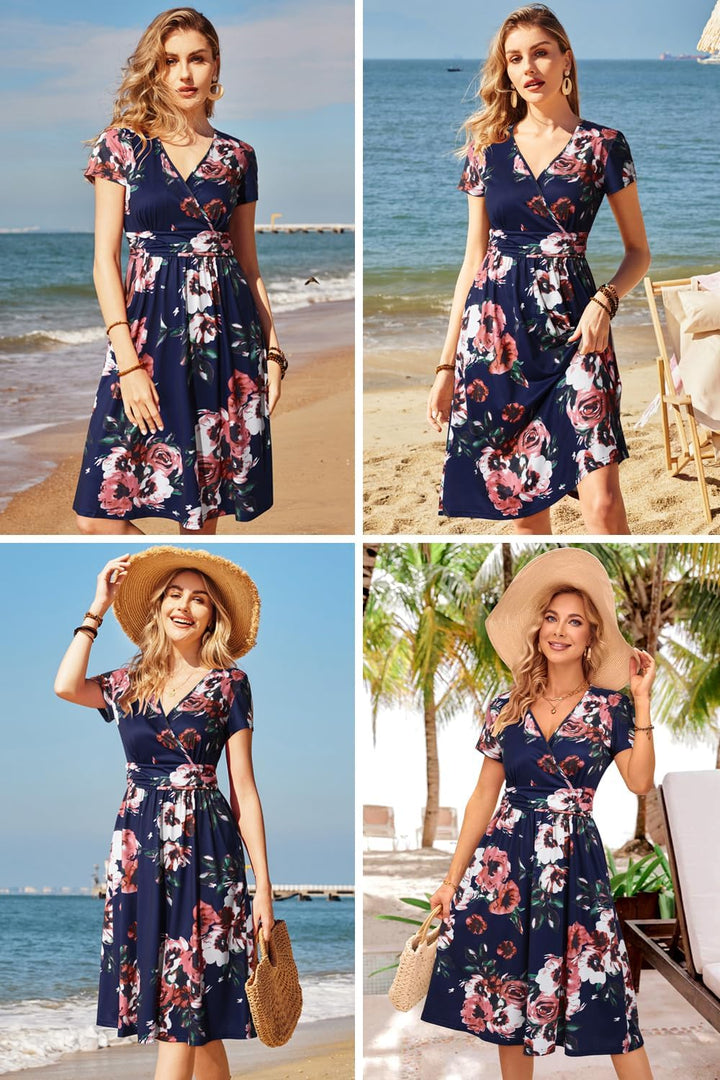 OUGES Kleid Damen Kurzarm/Langarm Sommer Herbstkleid V-Ausschnitt Casual Midi Freizeitkleid mit Tasc