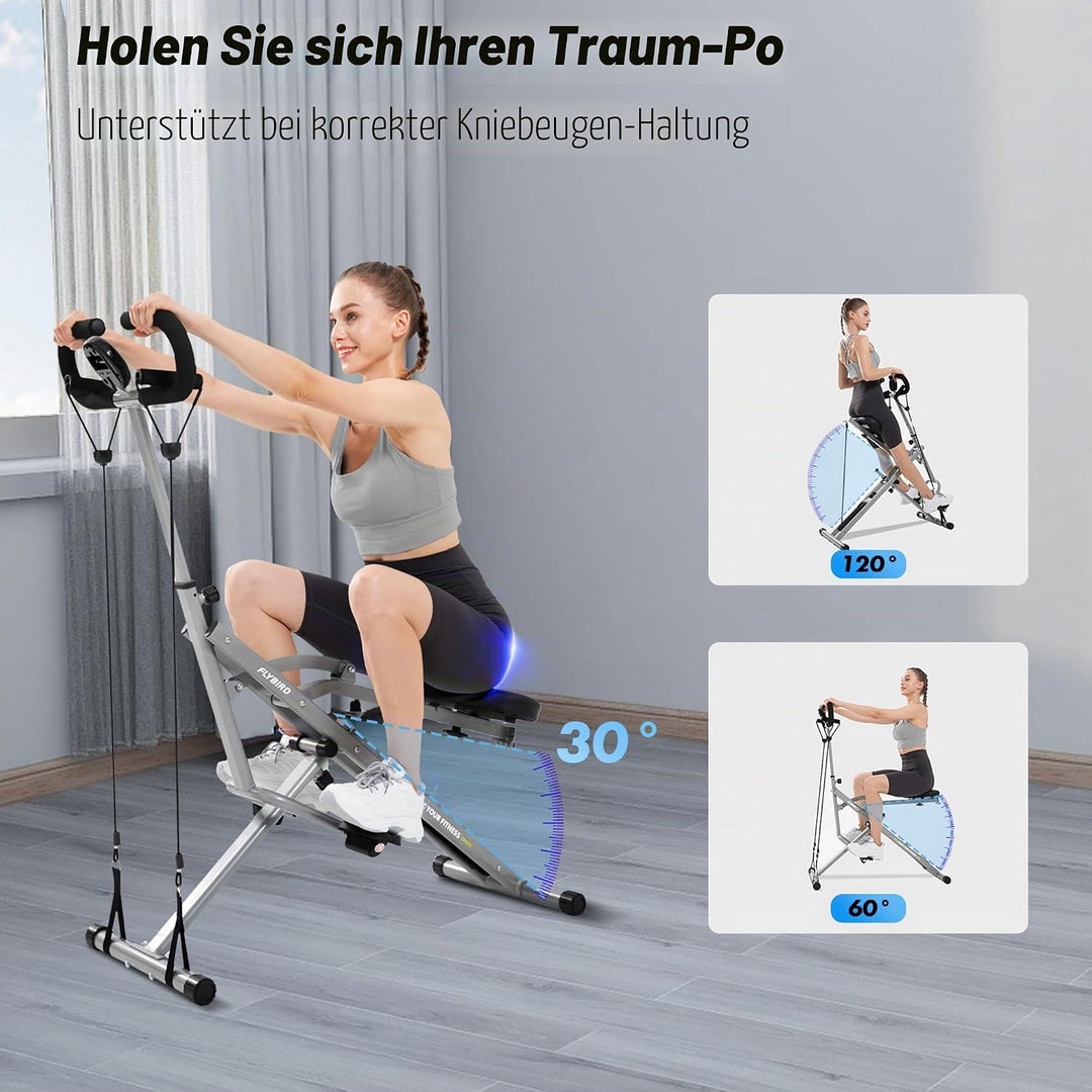 FLYBIRD Kniebeugenmaschine, Ruderfahrrad für Gesäss, Kern,Beine & Ausdauertraining,4 verstellbare Wi