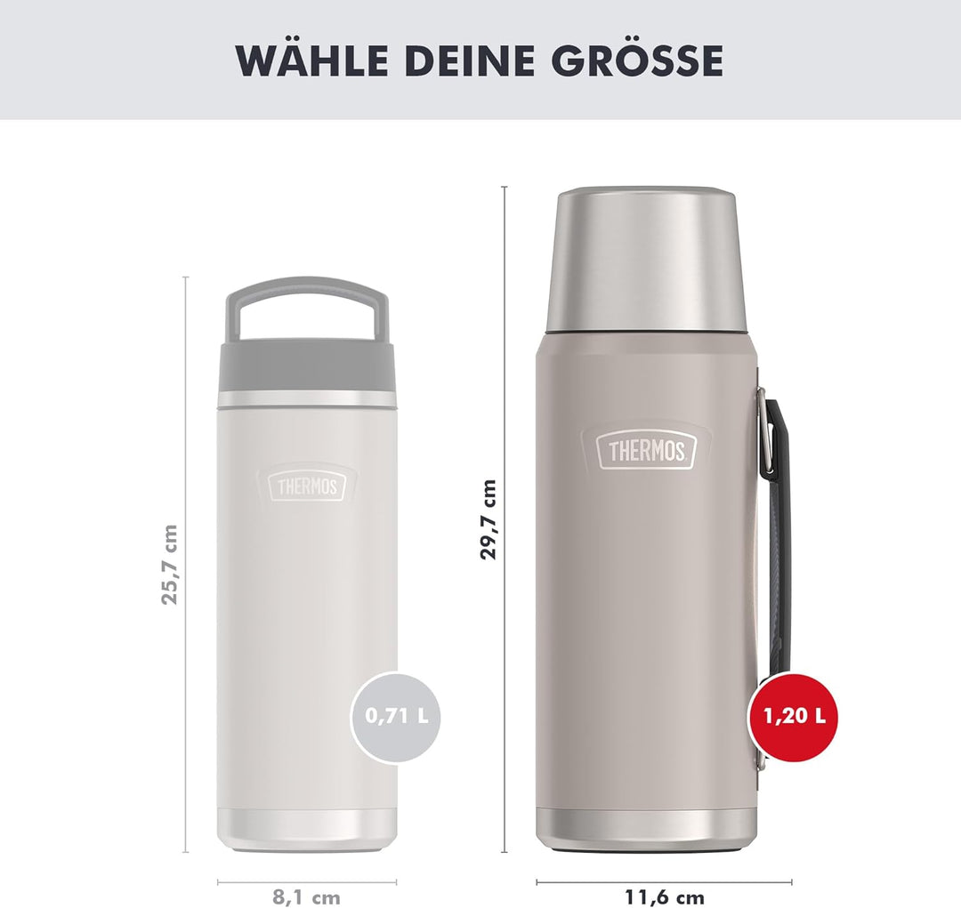 THERMOS ICON BEVERAGE BOTTLE 1,20l, beige/sandstone mat, Thermosflasche 1200ml, Isolierflasche mit T
