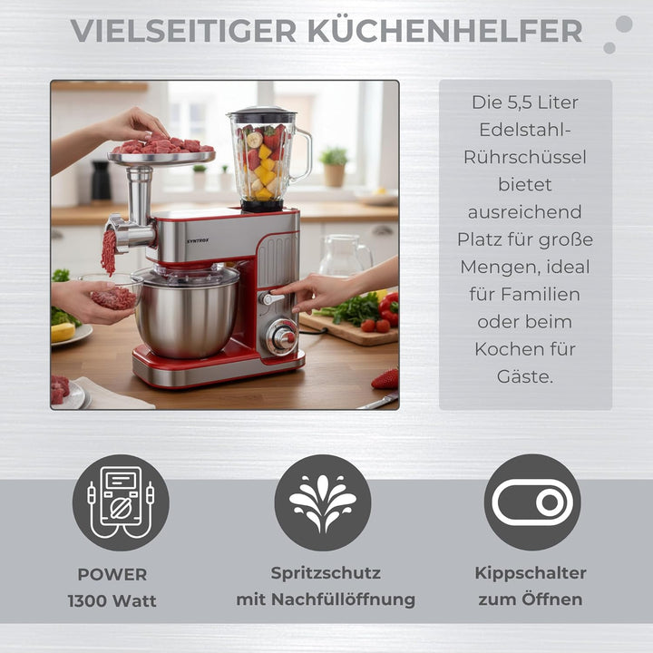 Syntrox Küchenmaschine Rot Fleischwolf & Mixer, Vielseitige Küchenmaschine, Platzsparende Küchenlösu