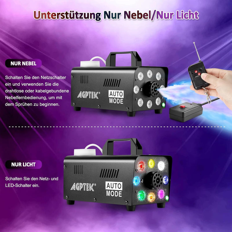 Nebelmaschine, AGPtEK Nebel Maschine mit kabelloser Fernbedienung UND aktiviertes LED Licht, 500 WAT