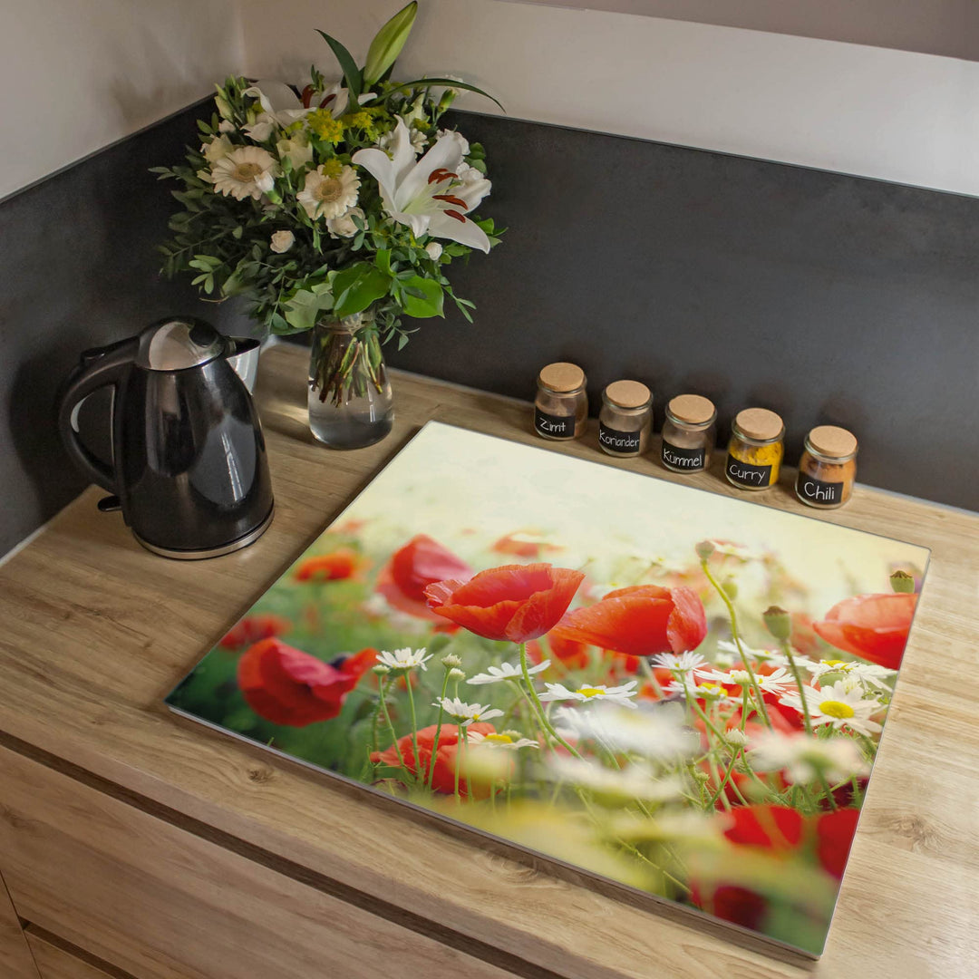 banjado® Herdabdeckplatte Glas 1-teilig 60x52 cm/Schneidebrett Herdabdeckung mit Motiv Kamille Und M