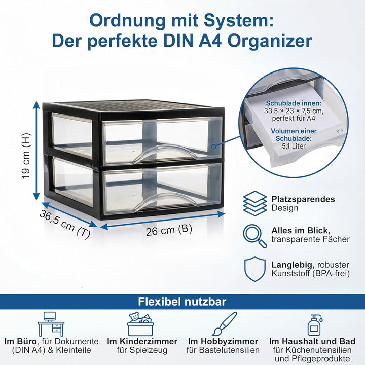 Hausfelder Schubladenbox A4 mit 2 Schubladen, Transparente Kunststoff Schubladenbox für Schreibtisch